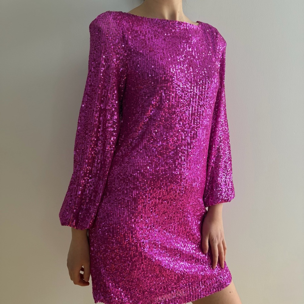 NWT BETSEY JOHNSON DOLOREAN MINI Pink Sequin Dress - S - Picture 9 of 15